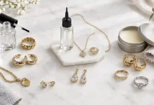 A bottle of clear nail polish, a small container of jewelry sealant, and a tin of wax side by side with a gold costume necklace and earrings on a white surface – comparing cheap DIY methods to protect costume jewelry from tarnishing.