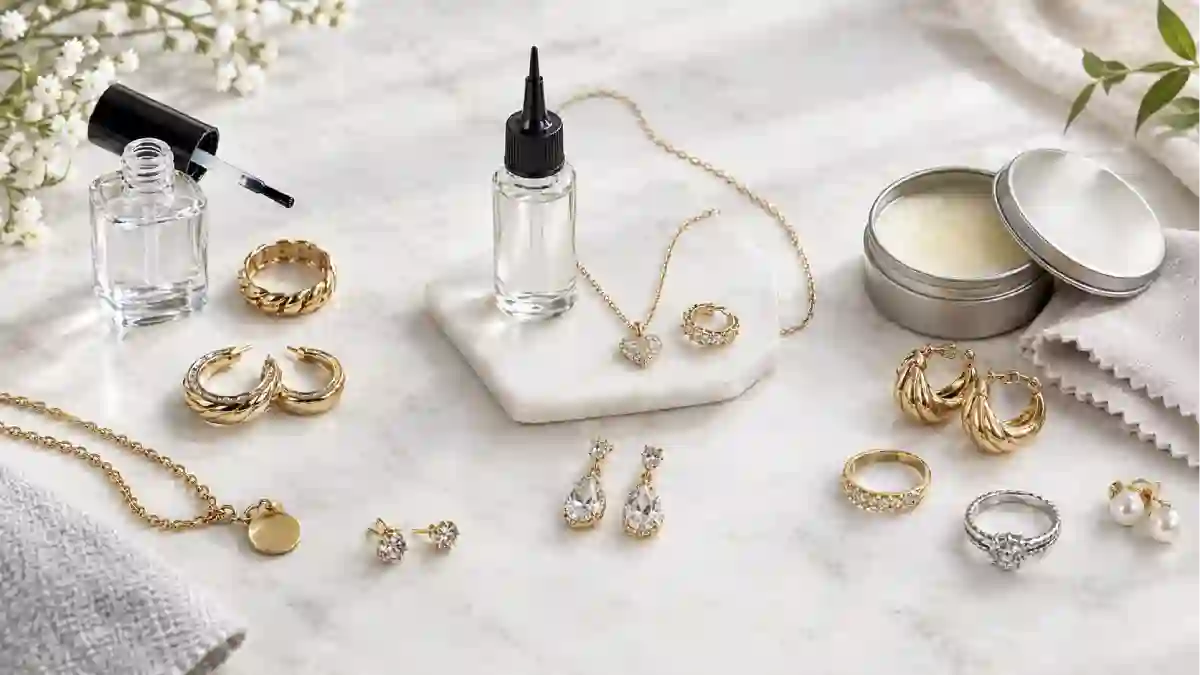 A bottle of clear nail polish, a small container of jewelry sealant, and a tin of wax side by side with a gold costume necklace and earrings on a white surface – comparing cheap DIY methods to protect costume jewelry from tarnishing.