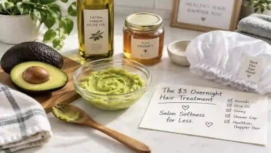 A bowl of mashed avocado mixed with olive oil on a kitchen counter. Next to it, a ripe avocado, a bottle of olive oil, and a shower cap. A sign says "$3 vs $75 – Same Salon Softness."