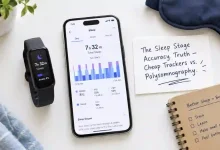 A budget fitness band on a wrist next to a smartphone displaying a sleep tracking app with stages (light, deep, REM). A sign says "How Accurate Is Your Sleep Tracker?"