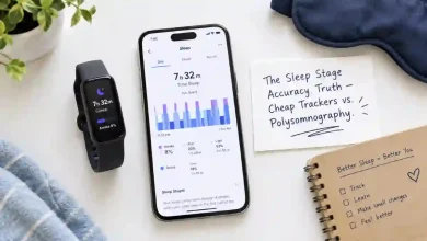 A budget fitness band on a wrist next to a smartphone displaying a sleep tracking app with stages (light, deep, REM). A sign says "How Accurate Is Your Sleep Tracker?"