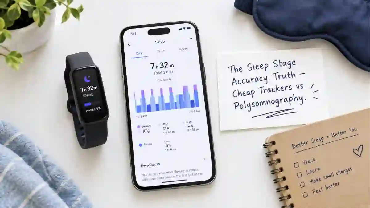 A budget fitness band on a wrist next to a smartphone displaying a sleep tracking app with stages (light, deep, REM). A sign says "How Accurate Is Your Sleep Tracker?"