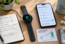 Fitness smartwatch showing a battery percentage screen while charging on a wooden desk, next to a phone displaying battery settings and a notebook with handwritten battery-saving tips – how to extend smartwatch battery life to 10+ days.