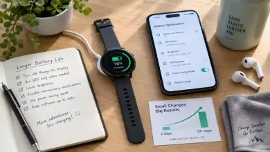 Fitness smartwatch showing a battery percentage screen while charging on a wooden desk, next to a phone displaying battery settings and a notebook with handwritten battery-saving tips – how to extend smartwatch battery life to 10+ days.