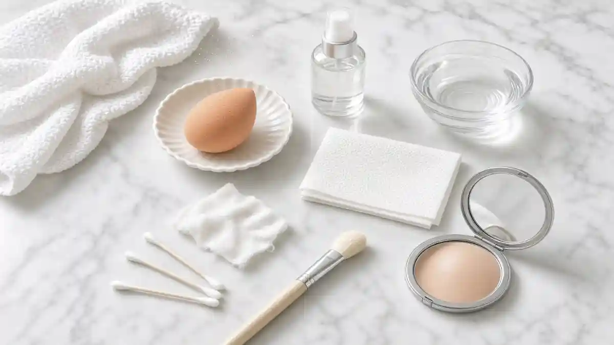 Close-up of a makeup sponge with a spritz of water, a clean tissue, and a damp cotton cloth next to a compact mirror – DIY free household fixes for cakey foundation.