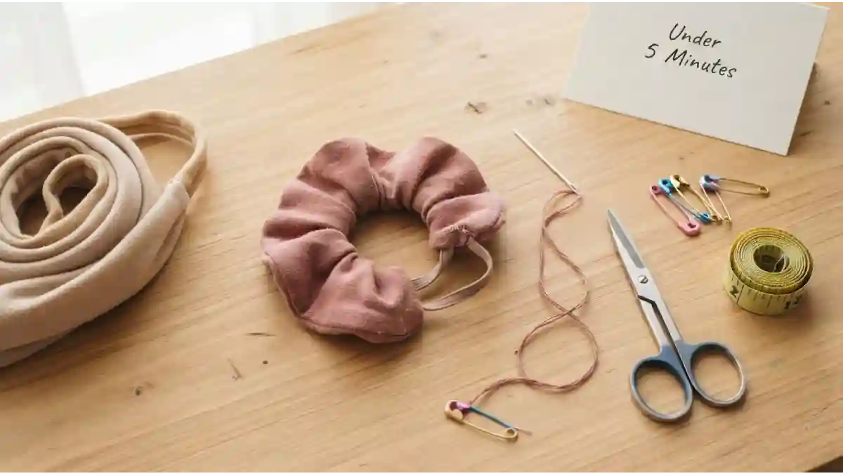 A stretched-out fabric scrunchie next to a needle, matching thread, and a pair of scissors on a wooden table – quick no-sew and sewing hacks to fix a stretched hair tie in 5 minutes.