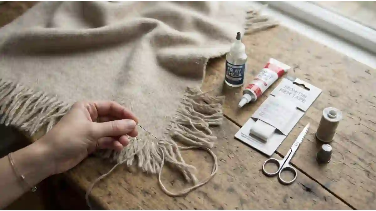 A person's hands hand-sewing the frayed fringe of a beige herringbone scarf on a rustic wooden table, next to a bottle of Fray Check, fabric glue, iron-on hem tape, scissors, a spool of thread, and a thimble.