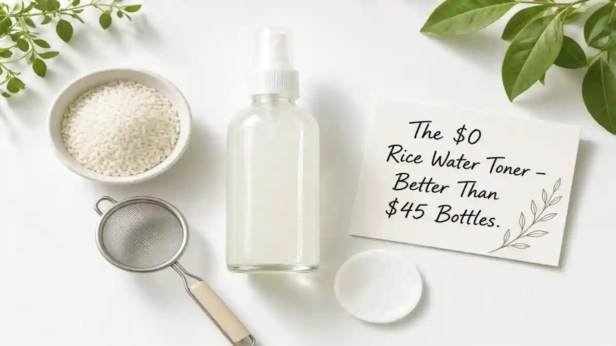 A glass spray bottle filled with homemade rice water toner next to a bowl of rice, a strainer, and a cotton pad. A sign says "$0 vs $45 – Same Glow."