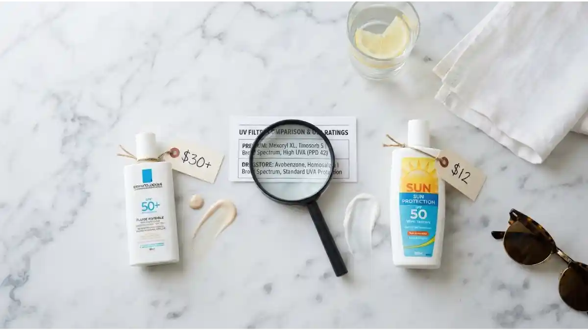 High-end French pharmacy sunscreen next to an affordable drugstore sunscreen on a white marble surface, with UV filter charts and a price tag comparison – budget vs. premium sunscreen effectiveness.