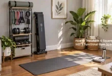 Corner of a small living room transformed into a functional home gym with a compact yoga mat, adjustable dumbbells, resistance bands, and a foldable bench stored neatly against the wall – 6-square-foot workout space idea.