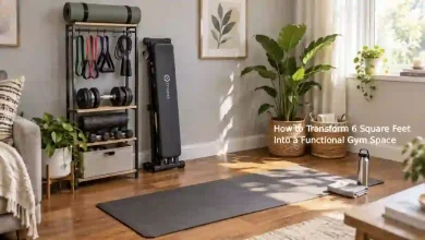 Corner of a small living room transformed into a functional home gym with a compact yoga mat, adjustable dumbbells, resistance bands, and a foldable bench stored neatly against the wall – 6-square-foot workout space idea.