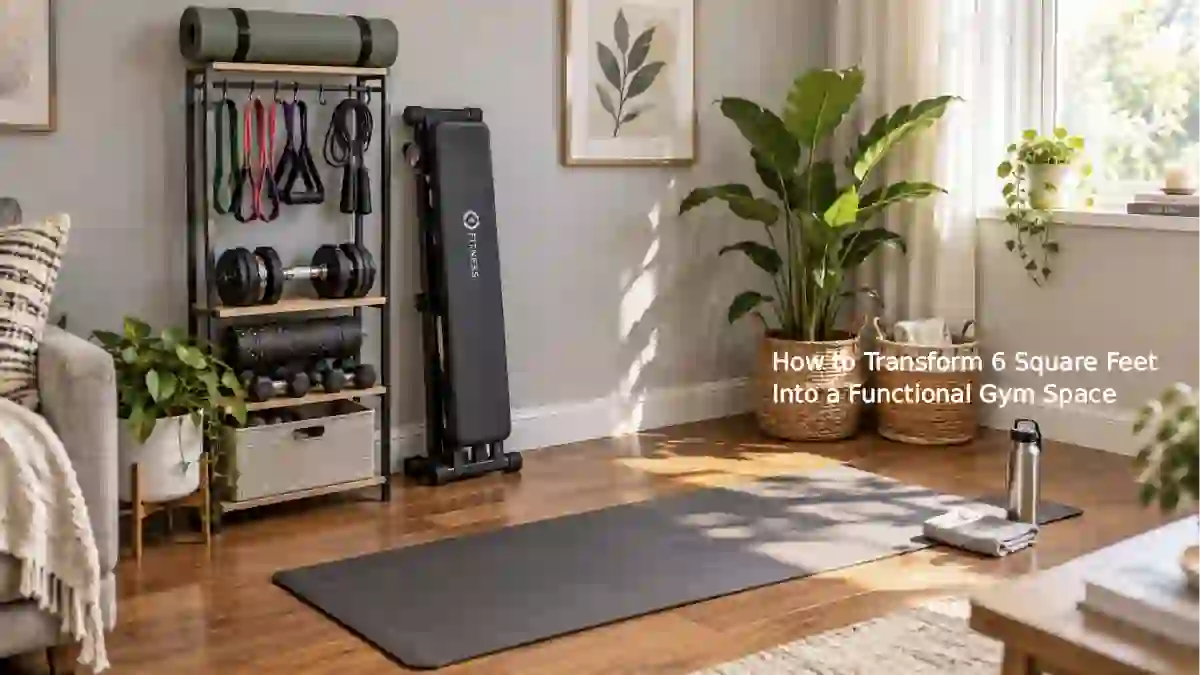 Corner of a small living room transformed into a functional home gym with a compact yoga mat, adjustable dumbbells, resistance bands, and a foldable bench stored neatly against the wall – 6-square-foot workout space idea.