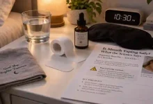 Roll of medical mouth tape on a bedside table next to a glass of water, sleep mask, and a printed research summary about mouth taping risks and benefits – sleep trend safety analysis.