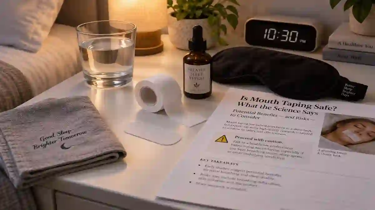 Roll of medical mouth tape on a bedside table next to a glass of water, sleep mask, and a printed research summary about mouth taping risks and benefits – sleep trend safety analysis.