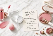 Liquid blush bottle with a drop swatched on one side and a pressed powder blush compact with a brush on the other, placed on a marble surface with a makeup sponge – powder vs. liquid blush longevity comparison.