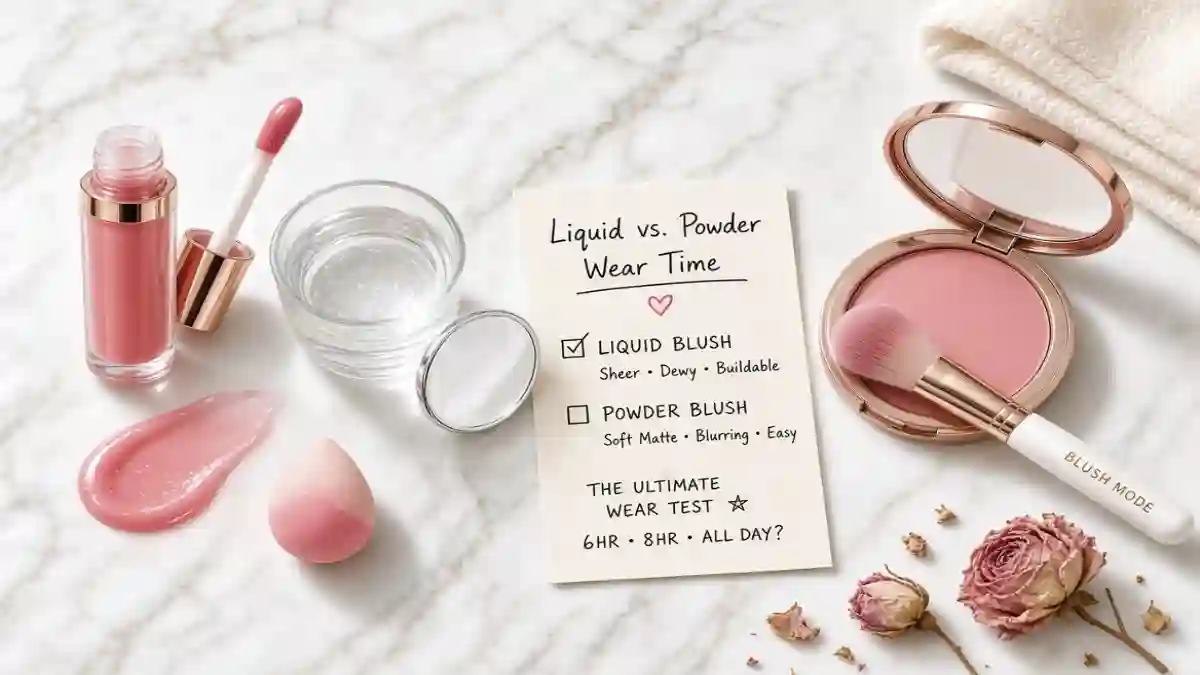 Liquid blush bottle with a drop swatched on one side and a pressed powder blush compact with a brush on the other, placed on a marble surface with a makeup sponge – powder vs. liquid blush longevity comparison.
