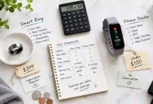 Smart ring and fitness tracker wristband side by side on a white marble surface, with a price tag and subscription cost note nearby – features-per-dollar comparison of Oura Ring vs. budget fitness bands.