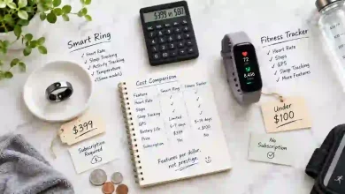 Smart ring and fitness tracker wristband side by side on a white marble surface, with a price tag and subscription cost note nearby – features-per-dollar comparison of Oura Ring vs. budget fitness bands.