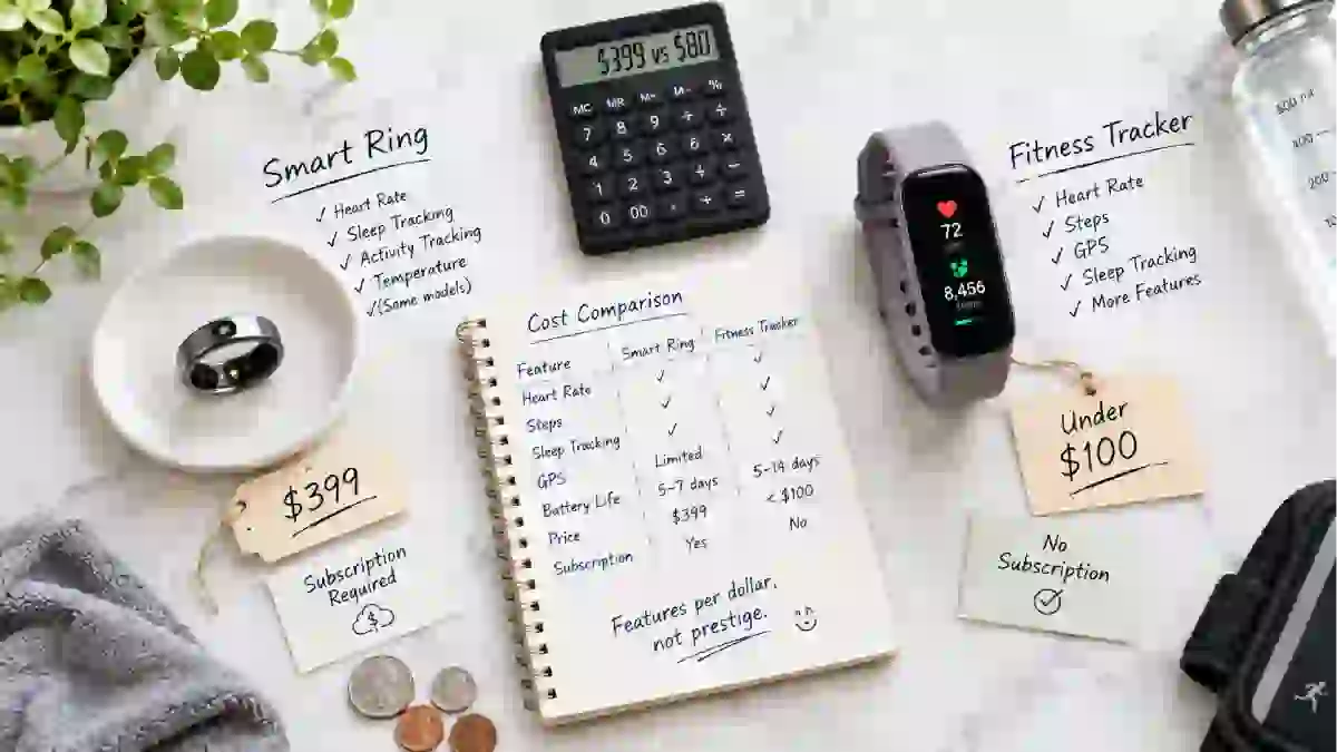 Smart ring and fitness tracker wristband side by side on a white marble surface, with a price tag and subscription cost note nearby – features-per-dollar comparison of Oura Ring vs. budget fitness bands.