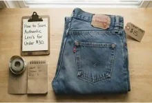 A pair of vintage Levi’s 501 jeans folded on a wooden table next to a measuring tape and a thrift store price tag showing $15. A sign says “Authentic Levi’s for Under $30.”