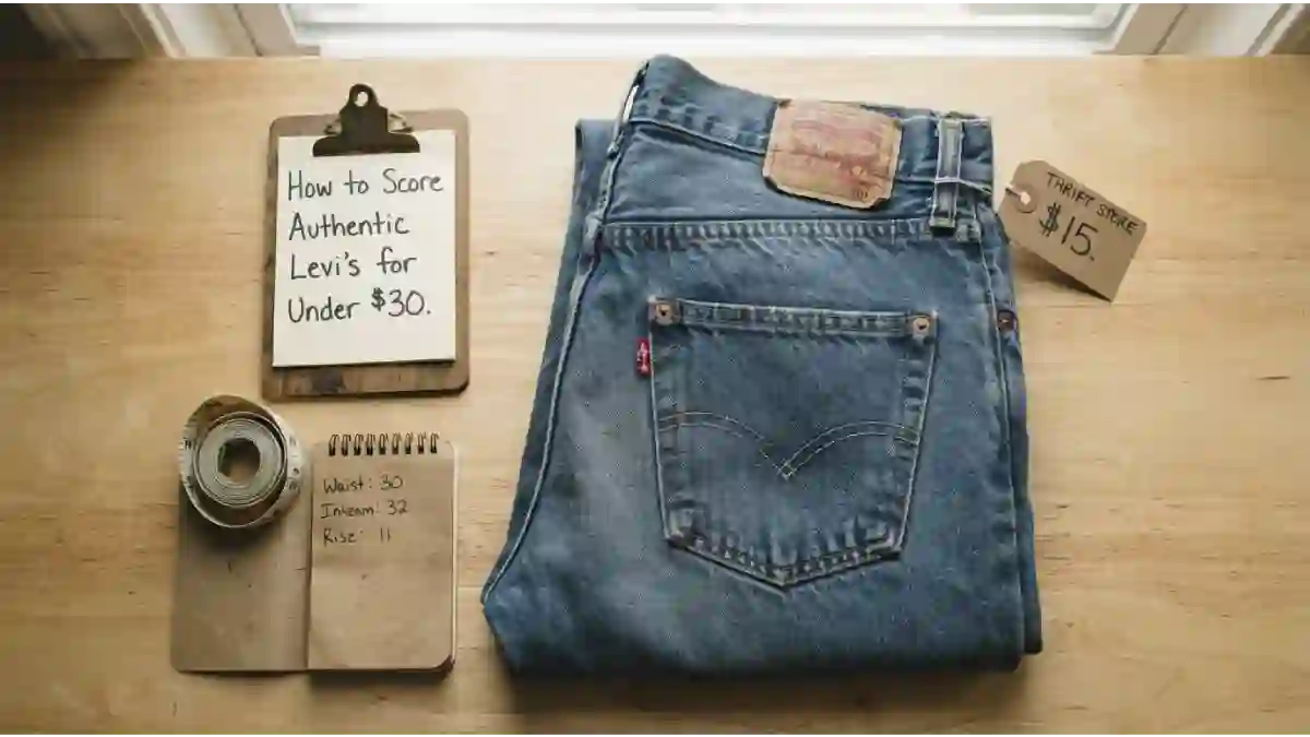 A pair of vintage Levi’s 501 jeans folded on a wooden table next to a measuring tape and a thrift store price tag showing $15. A sign says “Authentic Levi’s for Under $30.”