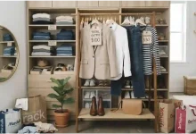 Stylish capsule wardrobe pieces including a blazer, jeans, and a blouse displayed on wooden hangers in a closet, with a price tag reading $100 and a Nordstrom Rack shopping bag – budget fashion haul on a tight budget.