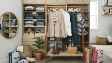 Stylish capsule wardrobe pieces including a blazer, jeans, and a blouse displayed on wooden hangers in a closet, with a price tag reading $100 and a Nordstrom Rack shopping bag – budget fashion haul on a tight budget.