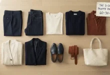 A flat-lay of ten curated wardrobe pieces arranged in a 3-color palette (navy, cream, and rust). The image shows navy trousers, dark jeans, a cream tee, a navy knit sweater, a rust blouse, a cream cardigan, and a navy blazer. A small handwritten sign in the corner reads "The 3-Color Palette Formula: 60-30-10."