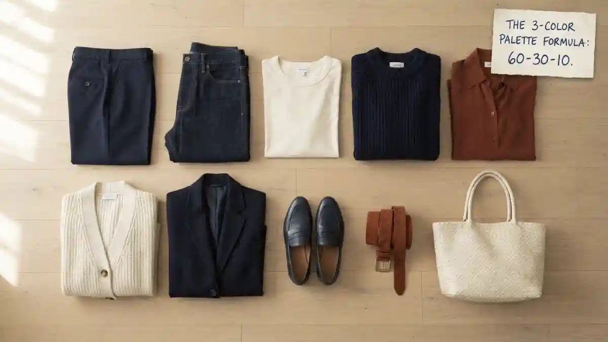A flat-lay of ten curated wardrobe pieces arranged in a 3-color palette (navy, cream, and rust). The image shows navy trousers, dark jeans, a cream tee, a navy knit sweater, a rust blouse, a cream cardigan, and a navy blazer. A small handwritten sign in the corner reads "The 3-Color Palette Formula: 60-30-10."