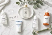 Four budget niacinamide serums under $15 lined up on a white marble surface, including The Ordinary, The Inkey List, Good Molecules, and Naturium, next to a luxury niacinamide serum bottle – affordable skincare dupes for even skin tone.