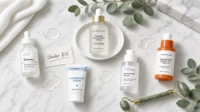Four budget niacinamide serums under $15 lined up on a white marble surface, including The Ordinary, The Inkey List, Good Molecules, and Naturium, next to a luxury niacinamide serum bottle โ affordable skincare dupes for even skin tone.