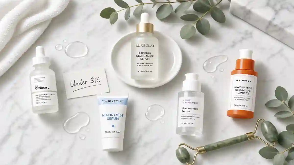 Four budget niacinamide serums under $15 lined up on a white marble surface, including The Ordinary, The Inkey List, Good Molecules, and Naturium, next to a luxury niacinamide serum bottle – affordable skincare dupes for even skin tone.