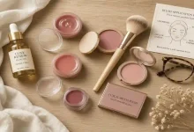 Cream and powder blush compacts arranged on a warm wooden vanity next to a fluffy makeup brush and a mirror, highlighting hydrating drugstore blushes under $15 for mature skin – beauty makeup flat lay.