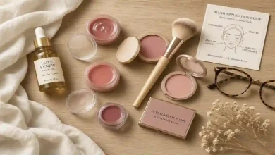 Cream and powder blush compacts arranged on a warm wooden vanity next to a fluffy makeup brush and a mirror, highlighting hydrating drugstore blushes under $15 for mature skin – beauty makeup flat lay.