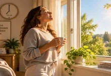 Person standing by a large window with eyes closed, face turned toward bright morning sunlight streaming in, holding a cup of coffee – 10-minute morning light exposure routine for cortisol, serotonin, and melatonin regulation.
