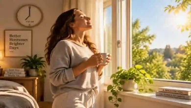 Person standing by a large window with eyes closed, face turned toward bright morning sunlight streaming in, holding a cup of coffee – 10-minute morning light exposure routine for cortisol, serotonin, and melatonin regulation.