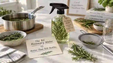 A glass spray bottle filled with homemade rosemary water next to fresh rosemary sprigs, a small pot, and a glass jar. A sign says "$2 vs $30 – Same Growth."