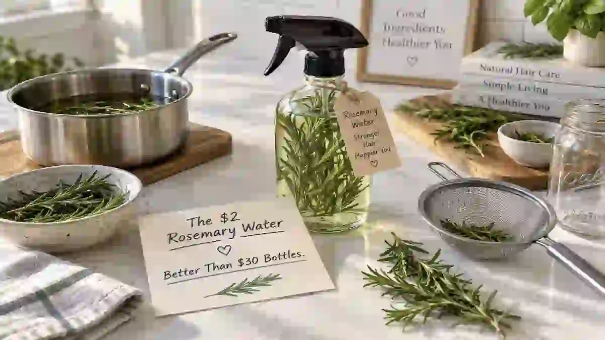 A glass spray bottle filled with homemade rosemary water next to fresh rosemary sprigs, a small pot, and a glass jar. A sign says "$2 vs $30 – Same Growth."